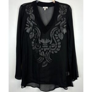 Cache Sheer Black Tunic Top Womens Small Faux Leather Applique Old Money Event‎